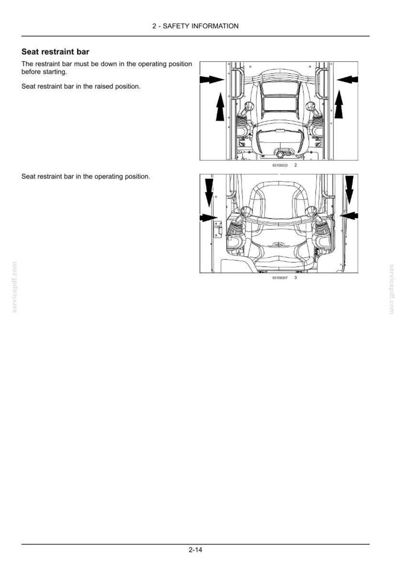 May include: Diagram illustrating the seat restraint bar in a vehicle. The image shows the bar in both the raised and operating positions, with arrows indicating movement. Text provides safety information.