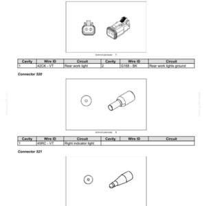 May include: Diagram of electrical connectors and wiring schematics. Includes illustrations of connectors labeled 151, 520, and 521, with details on wire IDs, circuits, and cavity numbers. Text at the top reads: HYDRAULIC, PNEUMATIC, ELECTRICAL, ELECTRONIC SYSTEMS - ELECTRICAL POWER SYSTEM.