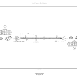 Op de afbeelding: Een technische tekening van een elektrisch systeem, met een centraal draadgedeelte van 17,5 cm en 47 cm, en connectoren aan elk uiteinde. De tekening bevat tabellen met technische specificaties en is in zwart-wit.
