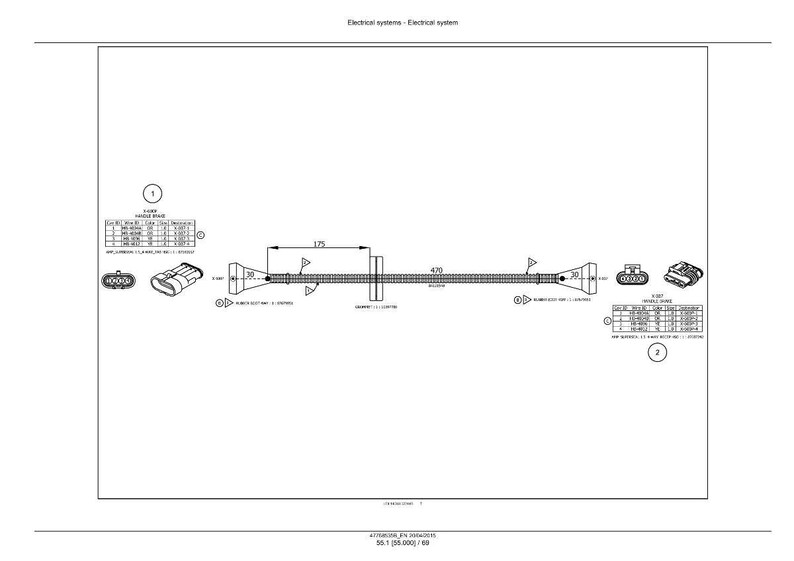 Op de afbeelding: Een technische tekening van een elektrisch systeem, met een centraal draadgedeelte van 17,5 cm en 47 cm, en connectoren aan elk uiteinde. De tekening bevat tabellen met technische specificaties en is in zwart-wit.