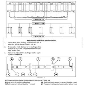 May include: Diagram illustrating the replacement of a camshaft bushing, with detailed component labels and measurements. Includes instructions for inspection and installation, with a focus on precision and correct alignment for engine maintenance.
