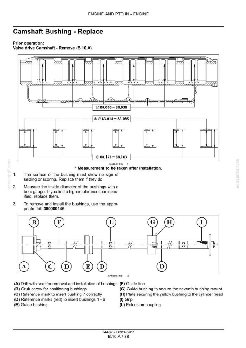 May include: Diagram illustrating the replacement of a camshaft bushing, with detailed component labels and measurements. Includes instructions for inspection and installation, with a focus on precision and correct alignment for engine maintenance.