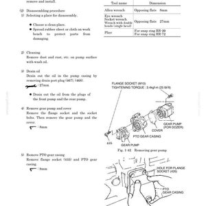 May include: A technical manual page titled 1.3.2 DISASSEMBLY AND ASSEMBLY, featuring a table of tools including an 8mm Allen wrench and 27mm socket wrench, alongside diagrams labeled Fig. 1-42 and Fig. 1-43 showing gear pump removal procedures.