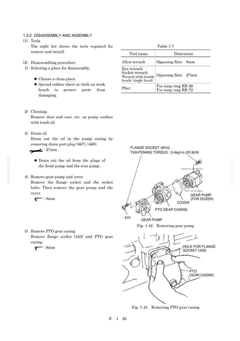 May include: A technical manual page titled 1.3.2 DISASSEMBLY AND ASSEMBLY, featuring a table of tools including an 8mm Allen wrench and 27mm socket wrench, alongside diagrams labeled Fig. 1-42 and Fig. 1-43 showing gear pump removal procedures.