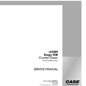 May include: A white service manual for a 1650M Stage IIIB Crawler Dozer. The cover includes the text "SERVICE MANUAL", part number, and the Case Construction logo. The manual is for PIN NGC107000 and above.