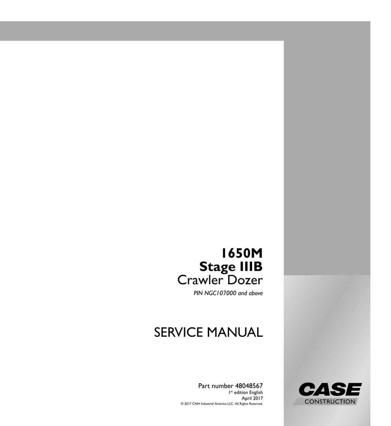 May include: A white service manual for a 1650M Stage IIIB Crawler Dozer. The cover includes the text "SERVICE MANUAL", part number, and the Case Construction logo. The manual is for PIN NGC107000 and above.