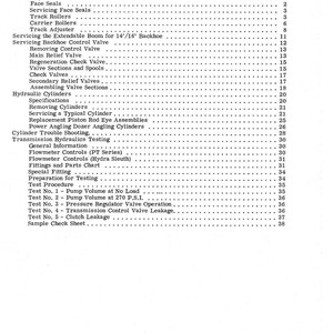 May include: A black and white image of a "TABLE OF CONTENTS" page. The text lists various topics related to a track system, hydraulic cylinders, and testing procedures. The page is from a manual or technical document.