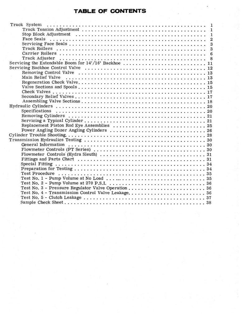 May include: A black and white image of a "TABLE OF CONTENTS" page. The text lists various topics related to a track system, hydraulic cylinders, and testing procedures. The page is from a manual or technical document.