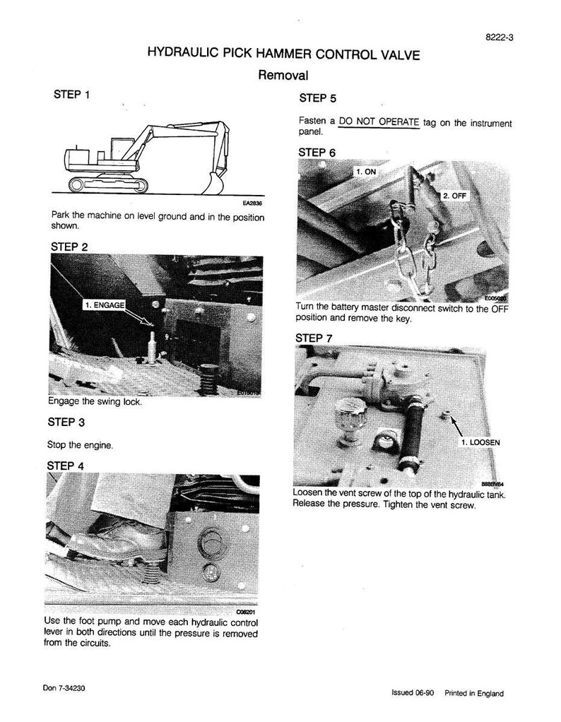 Op de afbeelding: Een zwart-wit diagram getiteld "HYDRAULIC PICK HAMMER CONTROL VALVE Removal" met genummerde stappen. De stappen omvatten het parkeren van de machine, het inschakelen van de zwenkslot, het stoppen van de motor en het losdraaien van een ontluchtingsschroef. De tekst "DO NOT OPERATE" is zichtbaar.
