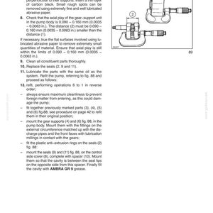 May include: Page from a manual detailing hydraulic system maintenance, with diagrams of components. Text includes instructions for removing seals, checking gear surfaces, and lubricating parts. Measurements are in inches.