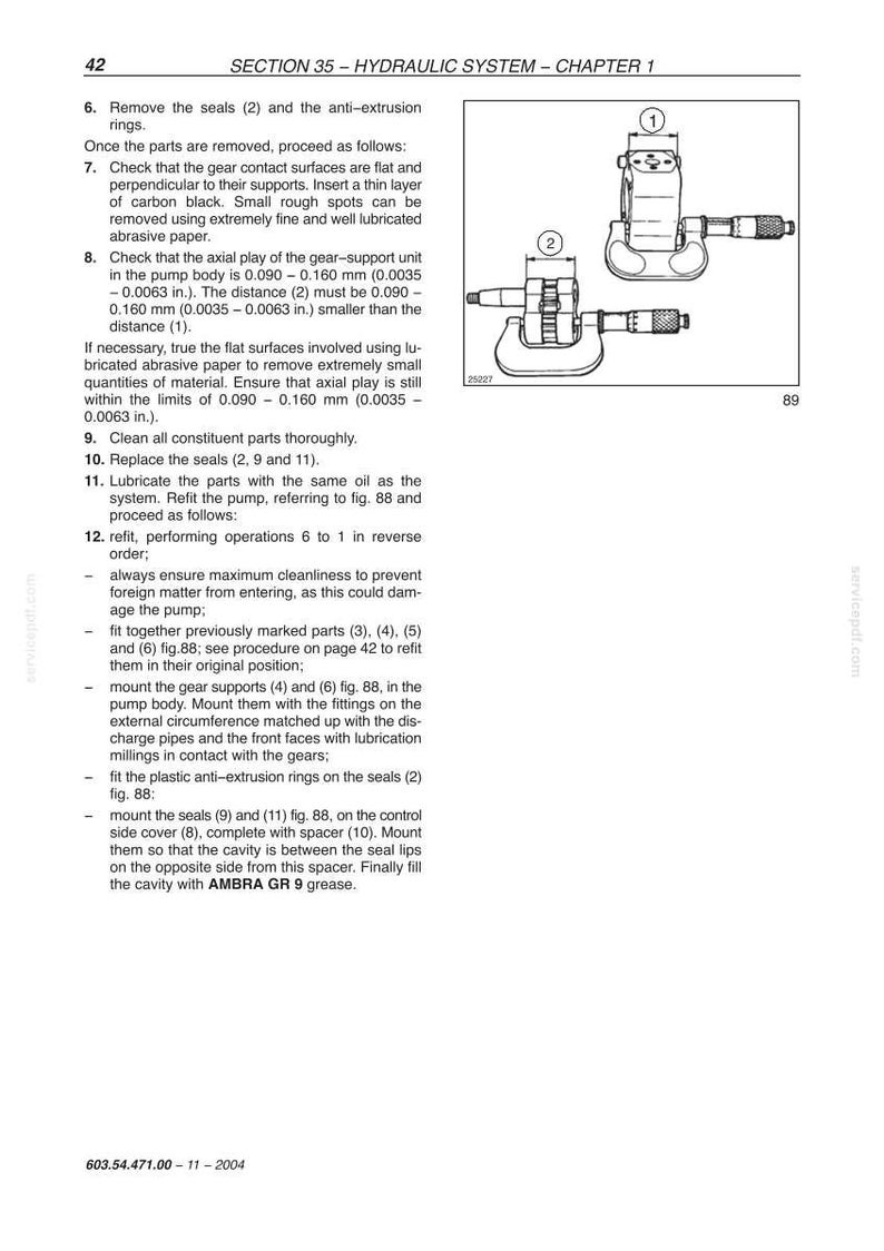 May include: Page from a manual detailing hydraulic system maintenance, with diagrams of components. Text includes instructions for removing seals, checking gear surfaces, and lubricating parts. Measurements are in inches.