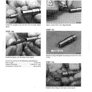 May include: Diagram of a load check assembly process, with step-by-step instructions and images. Includes specifications for a spring, with a free length of 31.22 mm and an outside diameter of 5.84 to 6.1 mm. The instructions also include torque specifications.