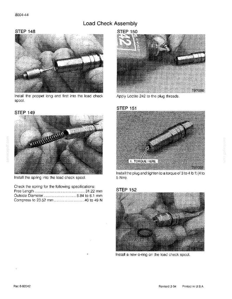 May include: Diagram of a load check assembly process, with step-by-step instructions and images. Includes specifications for a spring, with a free length of 31.22 mm and an outside diameter of 5.84 to 6.1 mm. The instructions also include torque specifications.
