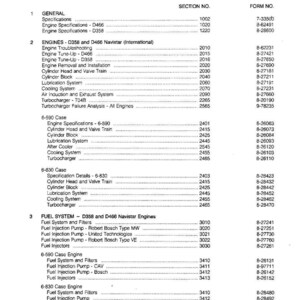 May include: A printed table of contents from a manual for Axial-Flow Combines, listing sections on engines, fuel systems, and engine specifications. The document is dated April 1993.