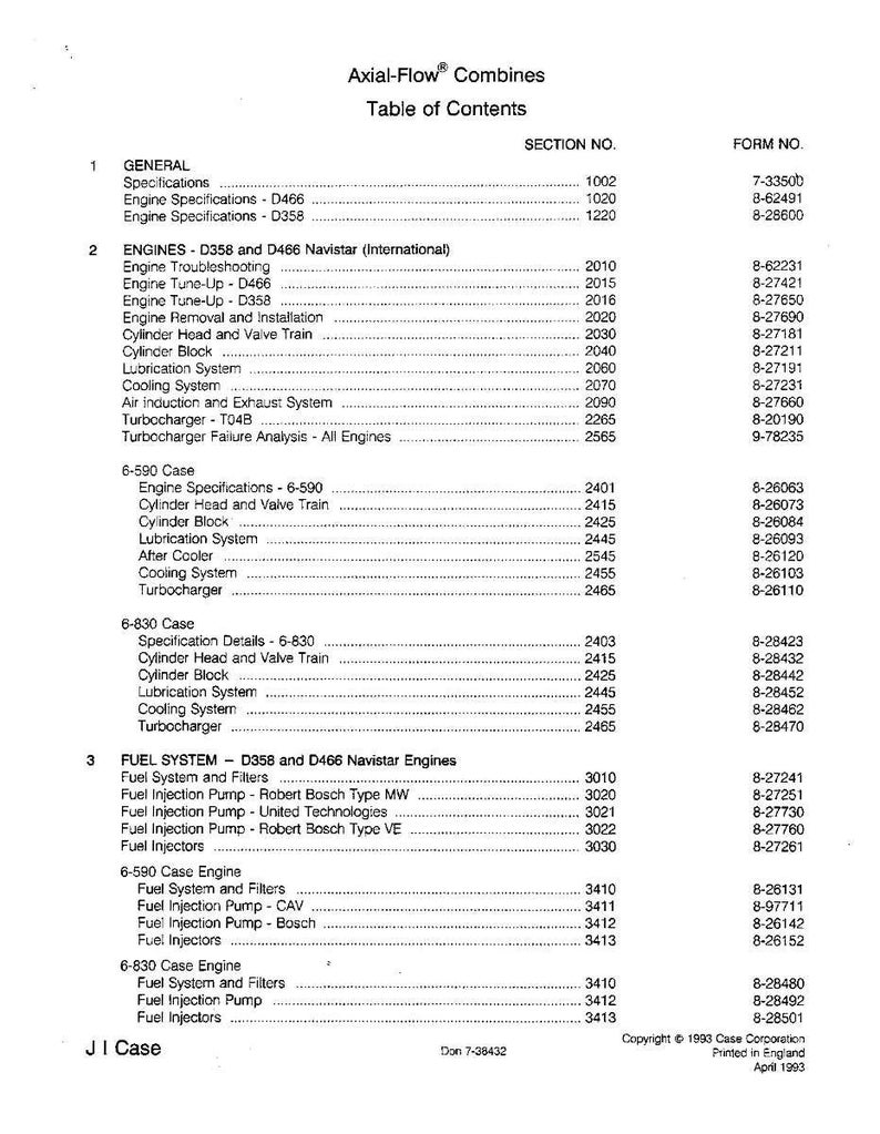 May include: A printed table of contents from a manual for Axial-Flow Combines, listing sections on engines, fuel systems, and engine specifications. The document is dated April 1993.
