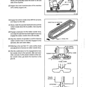 Op de afbeelding: Een technische handleidingpagina getiteld MAINTENANCE, sectie B, met details over de installatie van een rubberen rupsband. Het bevat genummerde instructies en drie zwart-witdiagrammen die de machine, rotatie en dwarsdoorsneden weergeven.