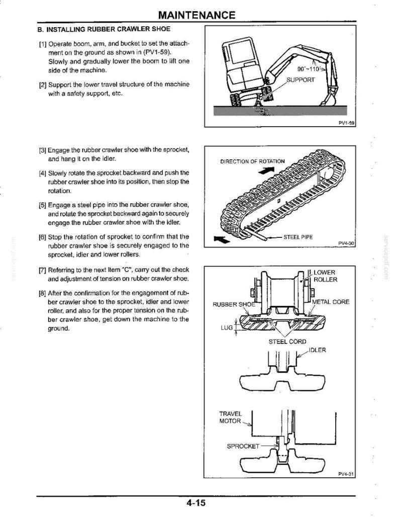 Op de afbeelding: Een technische handleidingpagina getiteld MAINTENANCE, sectie B, met details over de installatie van een rubberen rupsband. Het bevat genummerde instructies en drie zwart-witdiagrammen die de machine, rotatie en dwarsdoorsneden weergeven.