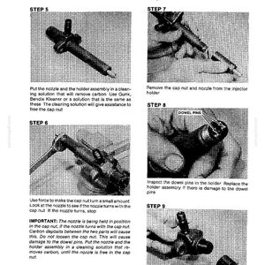 May include: A black and white diagram from a manual detailing the disassembly of fuel injectors. The image shows various steps, including removing parts and inspecting components. Text includes instructions and warnings.