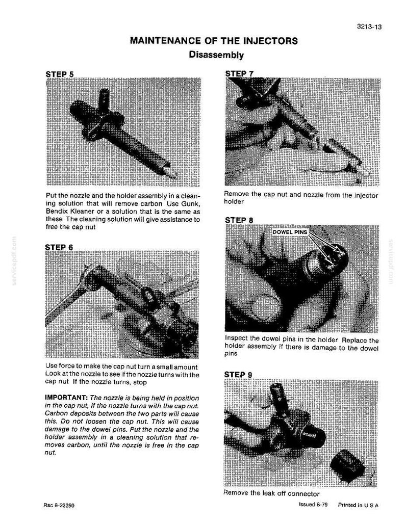 May include: A black and white diagram from a manual detailing the disassembly of fuel injectors. The image shows various steps, including removing parts and inspecting components. Text includes instructions and warnings.