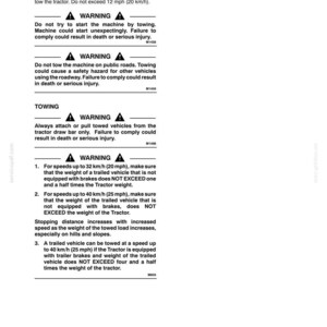 May include: A black and white technical manual page titled SECTION 2 - OPERATION. It contains safety warnings regarding towing a tractor, including speed limits of 12 mph, 20 mph, and 25 mph, and instructions for attaching towed vehicles to the draw bar.