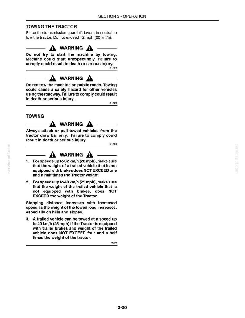 May include: A black and white technical manual page titled SECTION 2 - OPERATION. It contains safety warnings regarding towing a tractor, including speed limits of 12 mph, 20 mph, and 25 mph, and instructions for attaching towed vehicles to the draw bar.