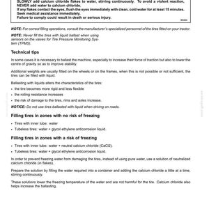 Pu&ograve; includere: Una pagina di documento tecnico intitolata 6-WORKING OPERATIONS, che descrive le procedure di zavorramento liquido per pneumatici di trattori. Include un avviso su sostanze chimiche pericolose, cloruro di calcio e istruzioni per il riempimento.