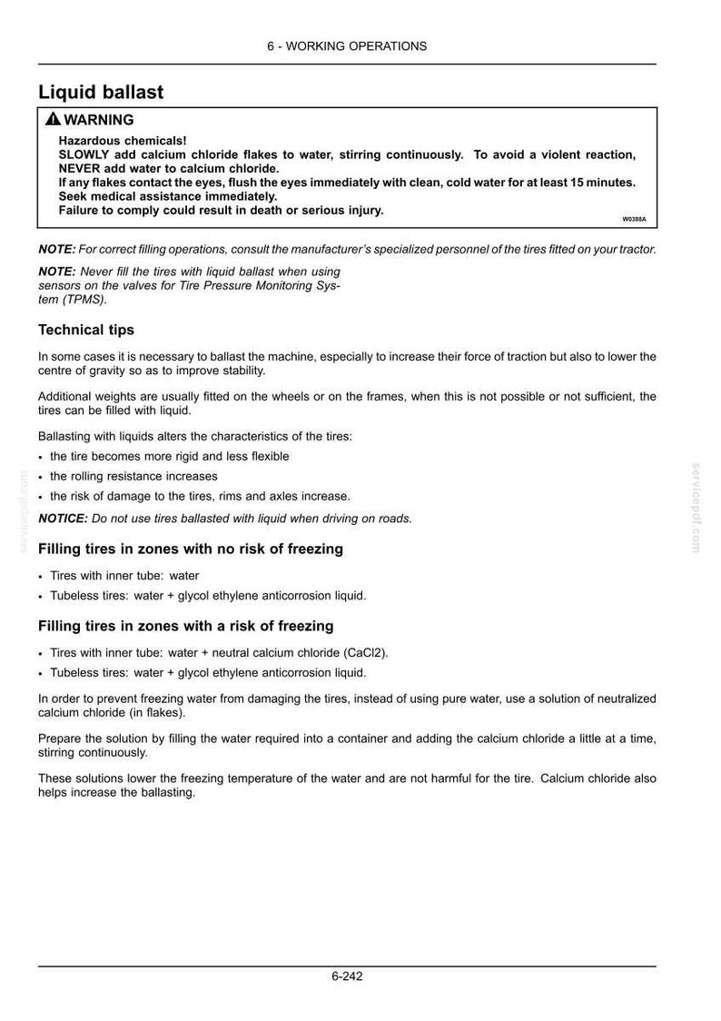 Pu&ograve; includere: Una pagina di documento tecnico intitolata 6-WORKING OPERATIONS, che descrive le procedure di zavorramento liquido per pneumatici di trattori. Include un avviso su sostanze chimiche pericolose, cloruro di calcio e istruzioni per il riempimento.