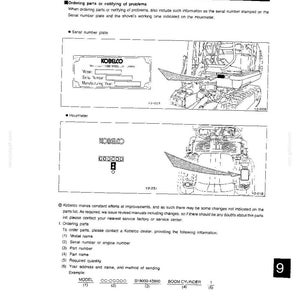 May include: A technical manual page titled Chapter 9 Ordering Parts, featuring black and white line drawings of a Kobelco excavator, a serial number plate template, and an hourmeter diagram with instructions for ordering replacement parts.