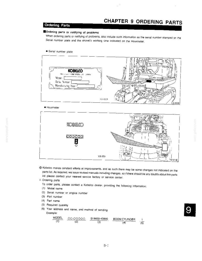 May include: A technical manual page titled Chapter 9 Ordering Parts, featuring black and white line drawings of a Kobelco excavator, a serial number plate template, and an hourmeter diagram with instructions for ordering replacement parts.