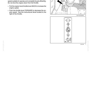 May include: Diagram of an engine hand throttle with instructions. The image shows a lever with a black arrow pointing to the right, and a decal with a tortoise and hare symbol. The text explains how to control engine speed.
