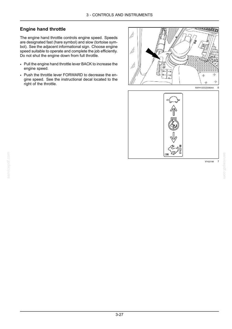 May include: Diagram of an engine hand throttle with instructions. The image shows a lever with a black arrow pointing to the right, and a decal with a tortoise and hare symbol. The text explains how to control engine speed.