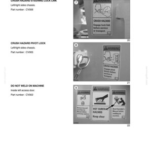 May include: A black and white technical diagram with safety warnings. The diagram includes text such as "Crush Hazard" and "Hot Surface Hazard." It also shows illustrations of machinery and safety procedures. The document is labeled "Section 1 - To The Owner/Safety."