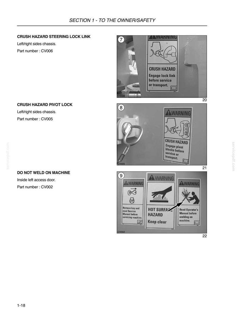 May include: A black and white technical diagram with safety warnings. The diagram includes text such as "Crush Hazard" and "Hot Surface Hazard." It also shows illustrations of machinery and safety procedures. The document is labeled "Section 1 - To The Owner/Safety."
