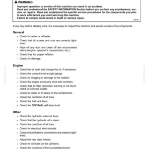 May include: A page from a maintenance manual with the title "Daily inspection" and a warning about improper operation. The page lists general, engine, and other inspection points, such as checking for leaks, damage, and fluid levels.