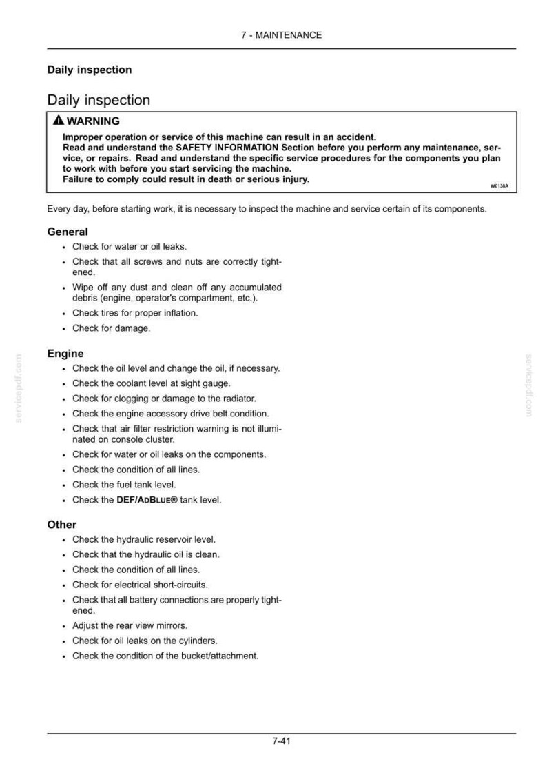 May include: A page from a maintenance manual with the title "Daily inspection" and a warning about improper operation. The page lists general, engine, and other inspection points, such as checking for leaks, damage, and fluid levels.