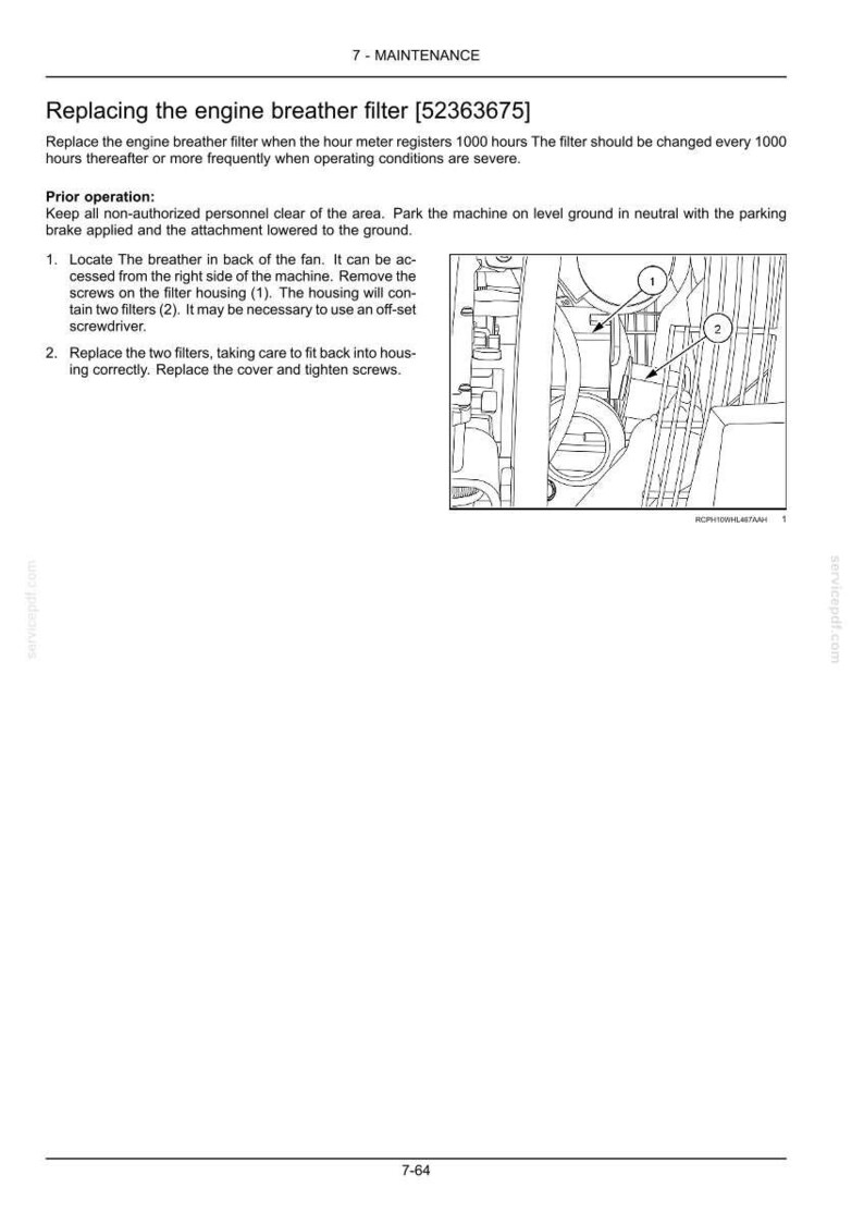 May include: Diagram illustrating the replacement of an engine breather filter, with numbered components and instructions. Text includes "Replacing the engine breather filter" and "7 - MAINTENANCE".