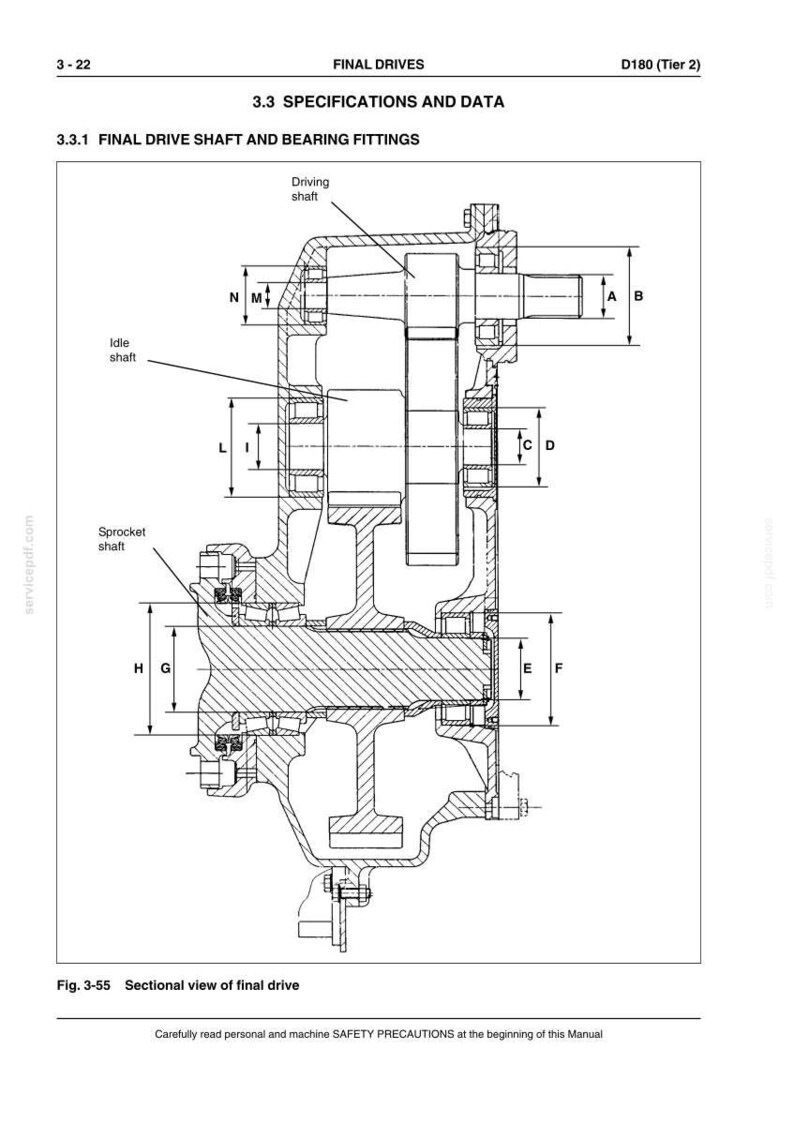 May include: Sectional view diagram of a final drive assembly, labeled with dimensions and component names like "Driving shaft" and "Idle shaft." The diagram includes the text "FINAL DRIVES" and "3.3 SPECIFICATIONS AND DATA."