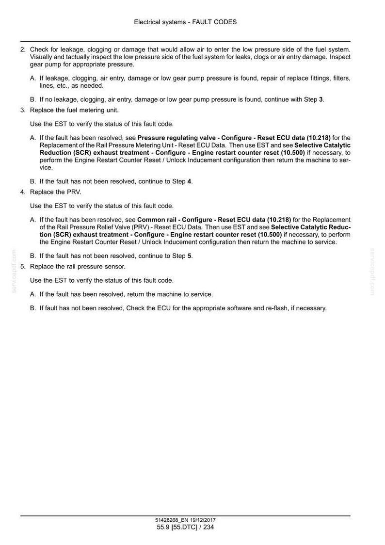 May include: Document detailing electrical systems fault codes. Instructions include checking for leaks, replacing fuel metering units, and replacing the PRV. The document also includes instructions for resetting ECU data and engine restart counters.