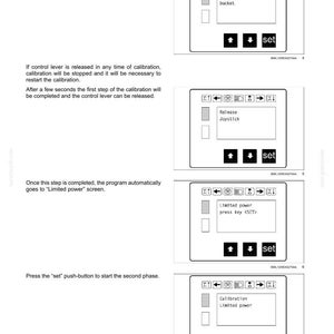 Op de afbeelding: Diagrammen uit een handleiding voor een motorbesturingssysteem. De afbeeldingen tonen een reeks stappen met een bedieningspaneelinterface, inclusief opties voor het sluiten van de emmer, het loslaten van de joystick en instellingen voor beperkt vermogen. Het woord "set" is zichtbaar.