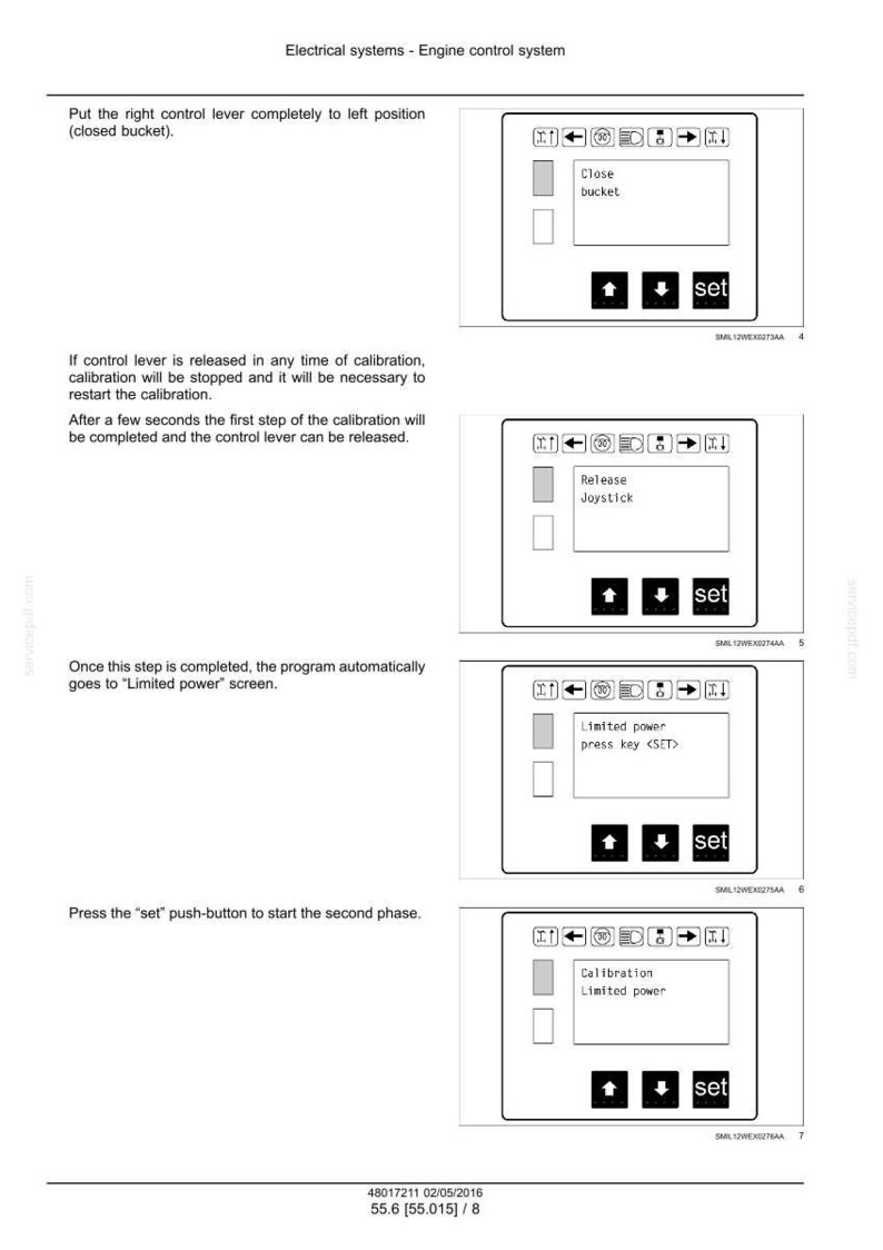 Op de afbeelding: Diagrammen uit een handleiding voor een motorbesturingssysteem. De afbeeldingen tonen een reeks stappen met een bedieningspaneelinterface, inclusief opties voor het sluiten van de emmer, het loslaten van de joystick en instellingen voor beperkt vermogen. Het woord "set" is zichtbaar.