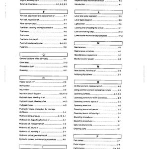 May include: A black and white technical manual page featuring an alphabetical index of machine maintenance topics, including sections for F, G, H, I, L, M, N, O, and P, with corresponding page numbers listed for each entry in a clear, structured layout.