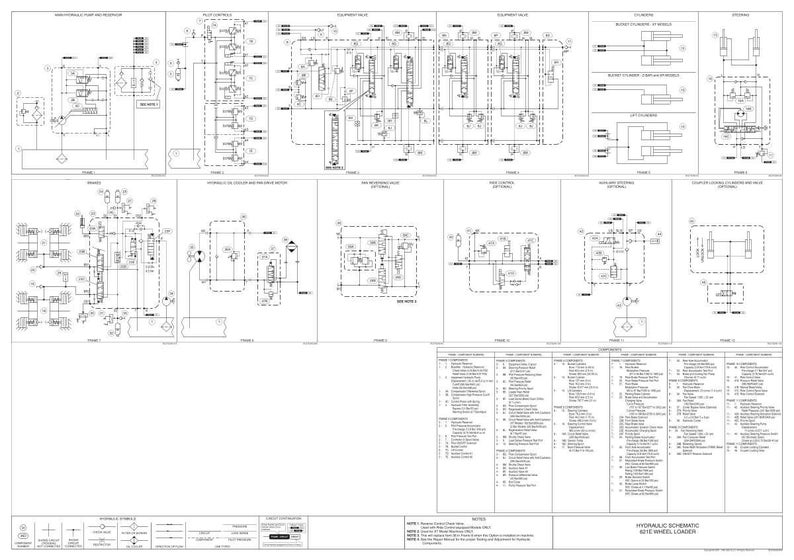 May include: A detailed engineering schematic of a 621E wheel loader's hydraulic system. The diagram is in black and white, featuring various components and their connections, with text labels and symbols.