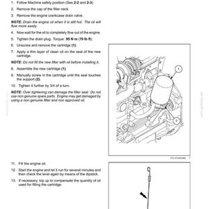 May include: Diagram illustrating engine oil and filter replacement steps. Includes instructions for draining oil, removing and installing a new filter, and checking oil levels. The image shows engine components and a dipstick.