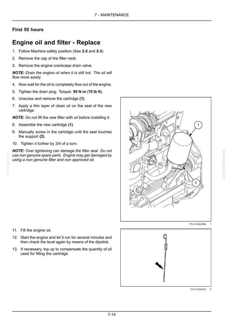 May include: Diagram illustrating engine oil and filter replacement steps. Includes instructions for draining oil, removing and installing a new filter, and checking oil levels. The image shows engine components and a dipstick.