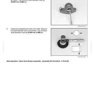 May include: A technical manual page titled Valve drive Rocker assembly - Measure (B.10.A.40.43 - F.40.A.16). It includes two diagrams: one showing a rocker arm being measured with a tool, and another showing a shaft being measured with a micrometer.