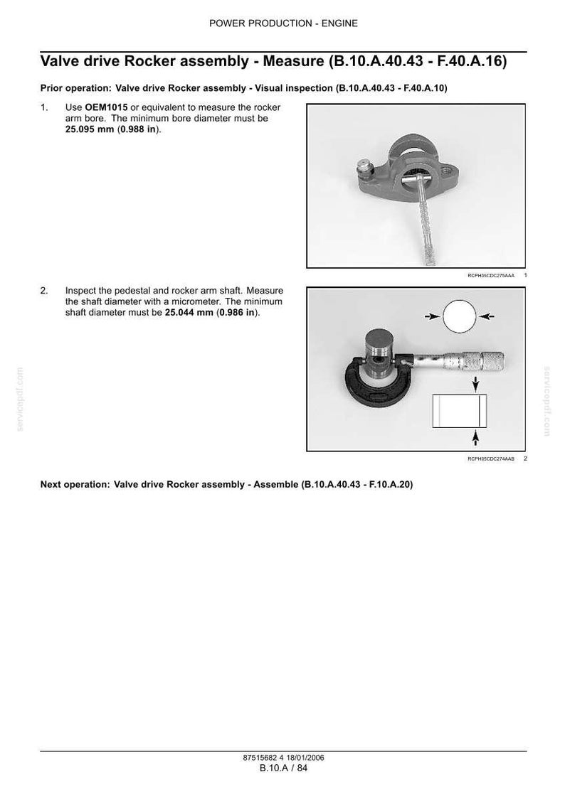 May include: A technical manual page titled Valve drive Rocker assembly - Measure (B.10.A.40.43 - F.40.A.16). It includes two diagrams: one showing a rocker arm being measured with a tool, and another showing a shaft being measured with a micrometer.