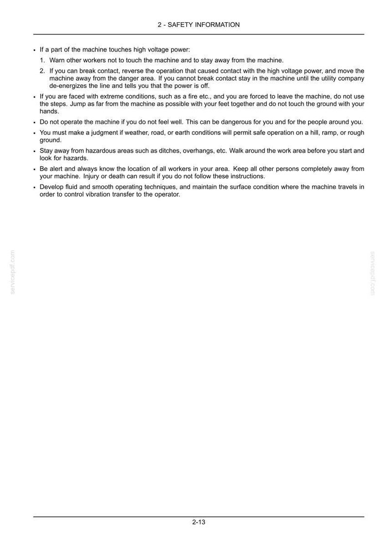 May include: A page from a safety manual with the title "2 - SAFETY INFORMATION." The text provides instructions on high voltage power, extreme conditions, and hazardous areas. The page also includes a footer with the number "2-13."