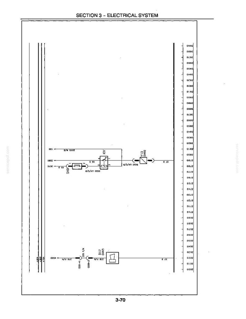 Op de afbeelding: Een zwart-wit technisch elektrisch systeemschema met het opschrift SECTION 3 - ELECTRICAL SYSTEM bovenaan en 3-70 onderaan. Het schema bevat diverse lijnen, numerieke codes en symbolen die elektrische componenten vertegenwoordigen.