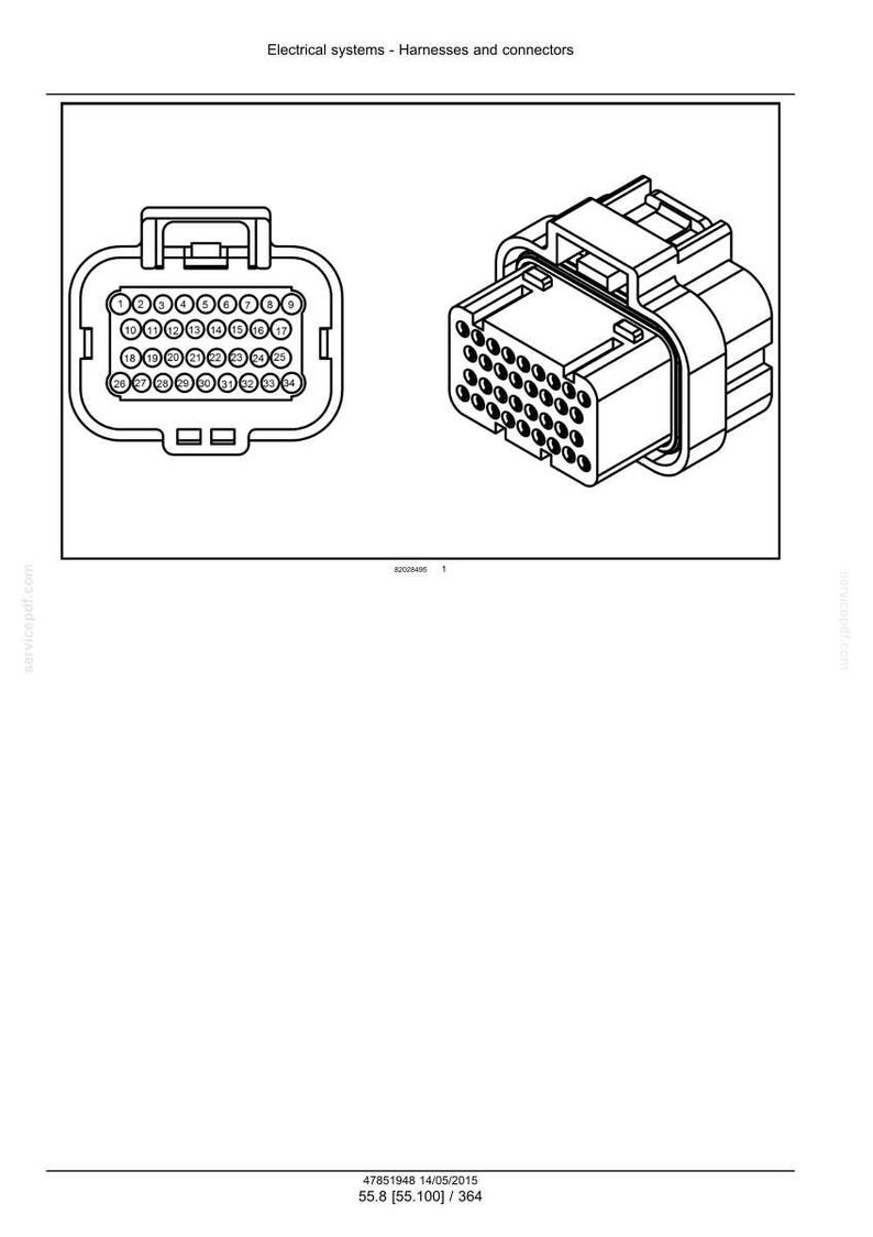 K&ouml;nnte beinhalten: Diagramm von elektrischen Steckverbindern, das zwei verschiedene Ansichten zeigt. Das obere Bild zeigt einen rechteckigen Stecker mit 34 kreisf&ouml;rmigen Stiftaufnahmen. Das rechte Bild zeigt einen gr&ouml;&szlig;eren Stecker mit 28 Stiftaufnahmen. Der Text oben lautet "Elektrische Systeme - Kabelb&auml;ume und Steckverbinder."