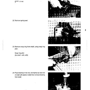 May include: A black and white technical manual page titled 33-II-1-10, featuring four instructional photographs for mechanical disassembly. The text includes steps 21 through 24, detailing the removal of a control spring seat, snap ring, and bearing.
